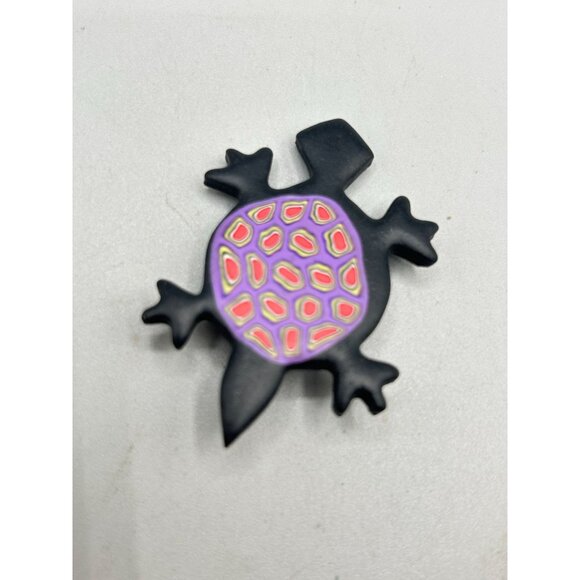 Turtle Shaped Polymer Clay Brooch Pin with Black Purple Colorful Design - Picture 2 of 5